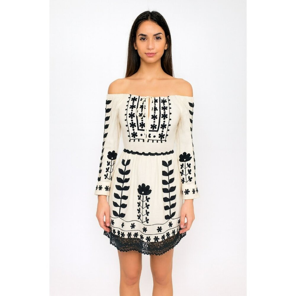 Roja Boho Chic Off-Shoulder Wool Dress With Black Embroidery Long Sleeves Size S